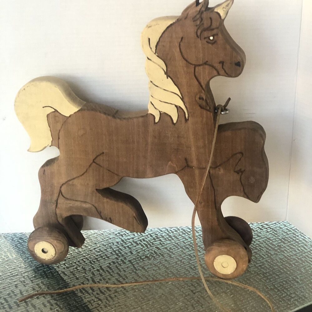 Vitange Wooden Hand Crafted Pull Along Horse Sz 14x16 Hand Painted Legs Move